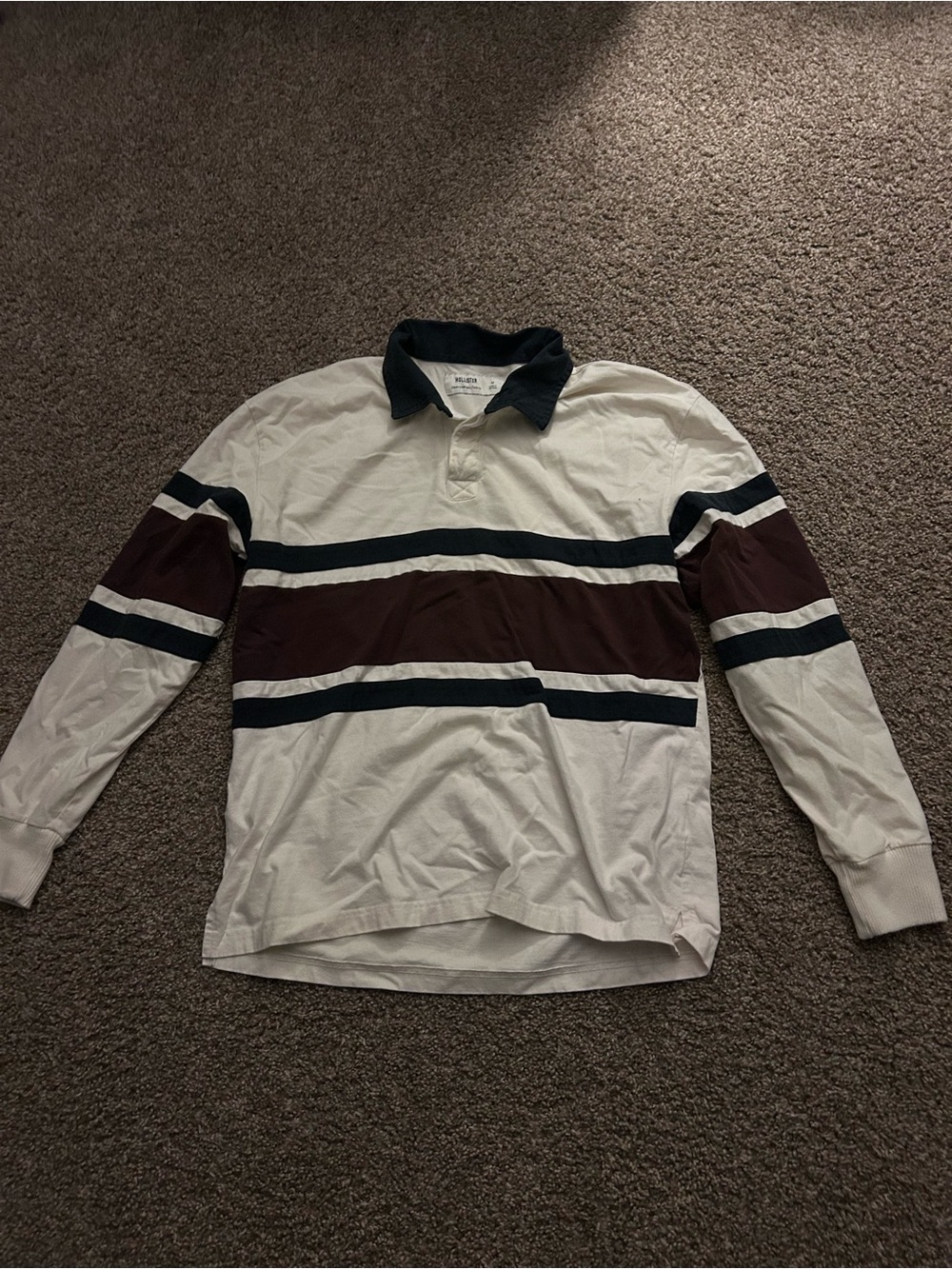 Hollister White Long-Sleeve Rugby Polo with Navy & Brown Stripes